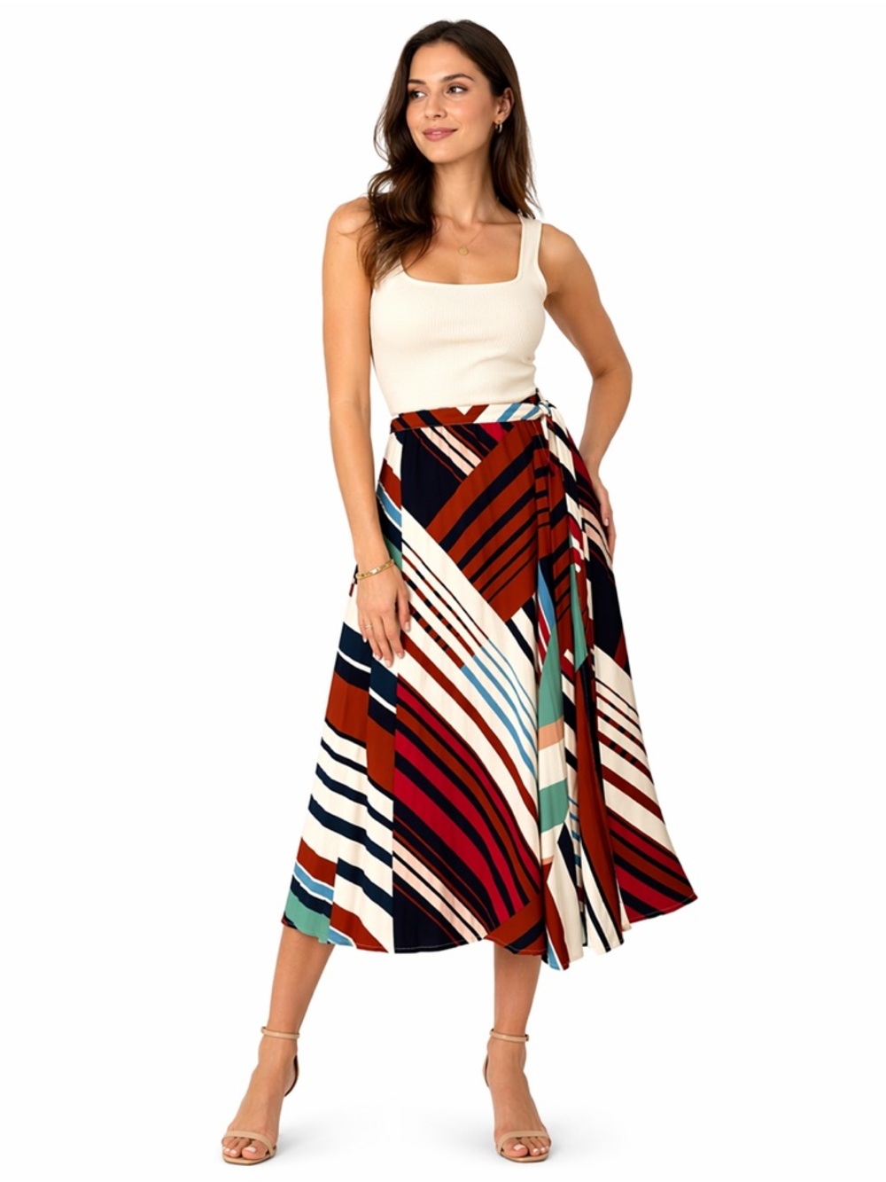 7th Avenue Design Studio Skirt Womens S Wrap A-Line Striped Tie Waist Midi